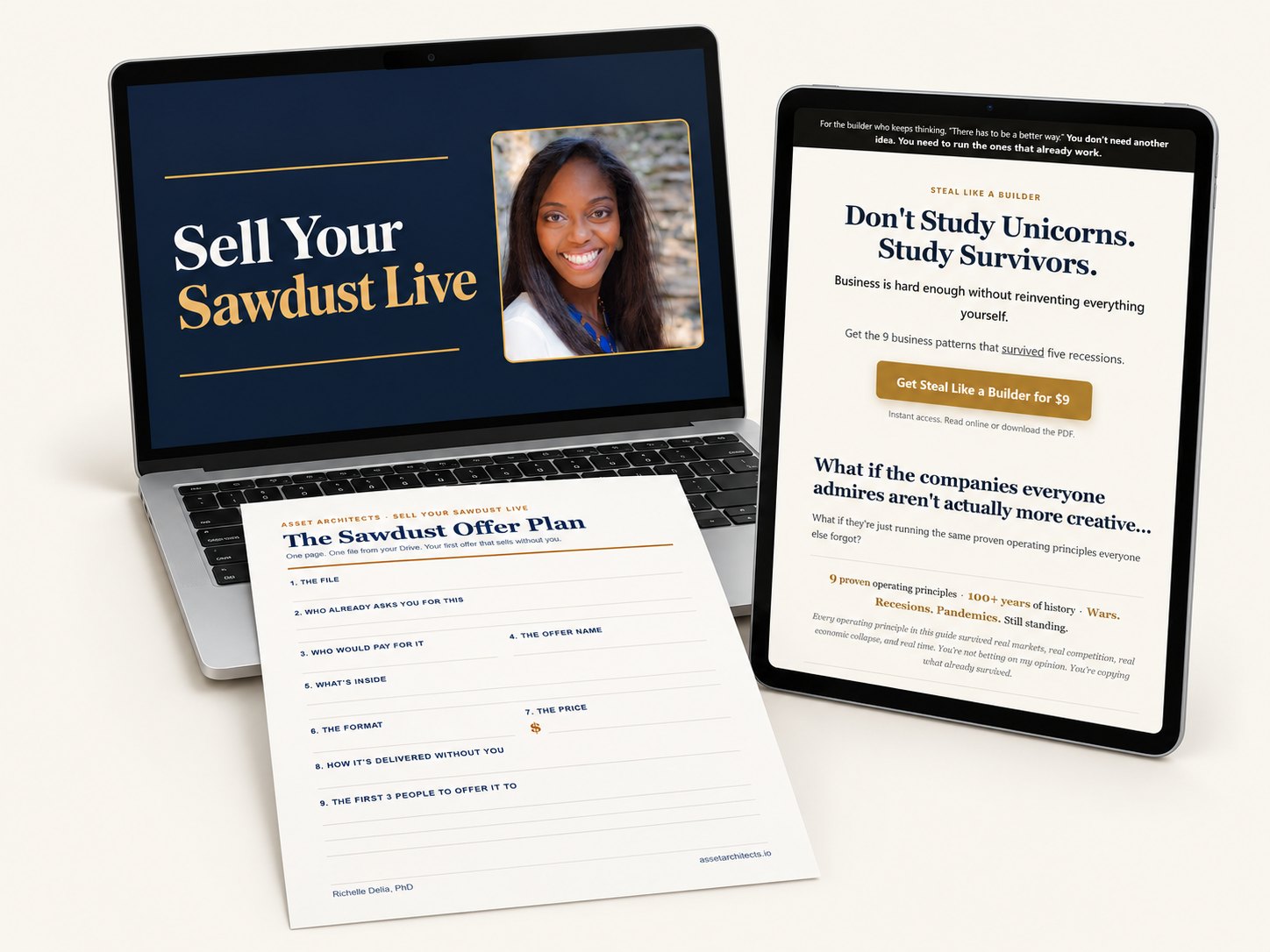 Sell Your Sawdust Live on a laptop beside the one-page Sawdust Offer Plan